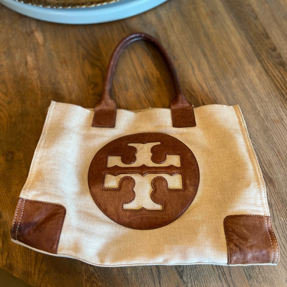 Tory Burch Cream and Brown Canvas Bag